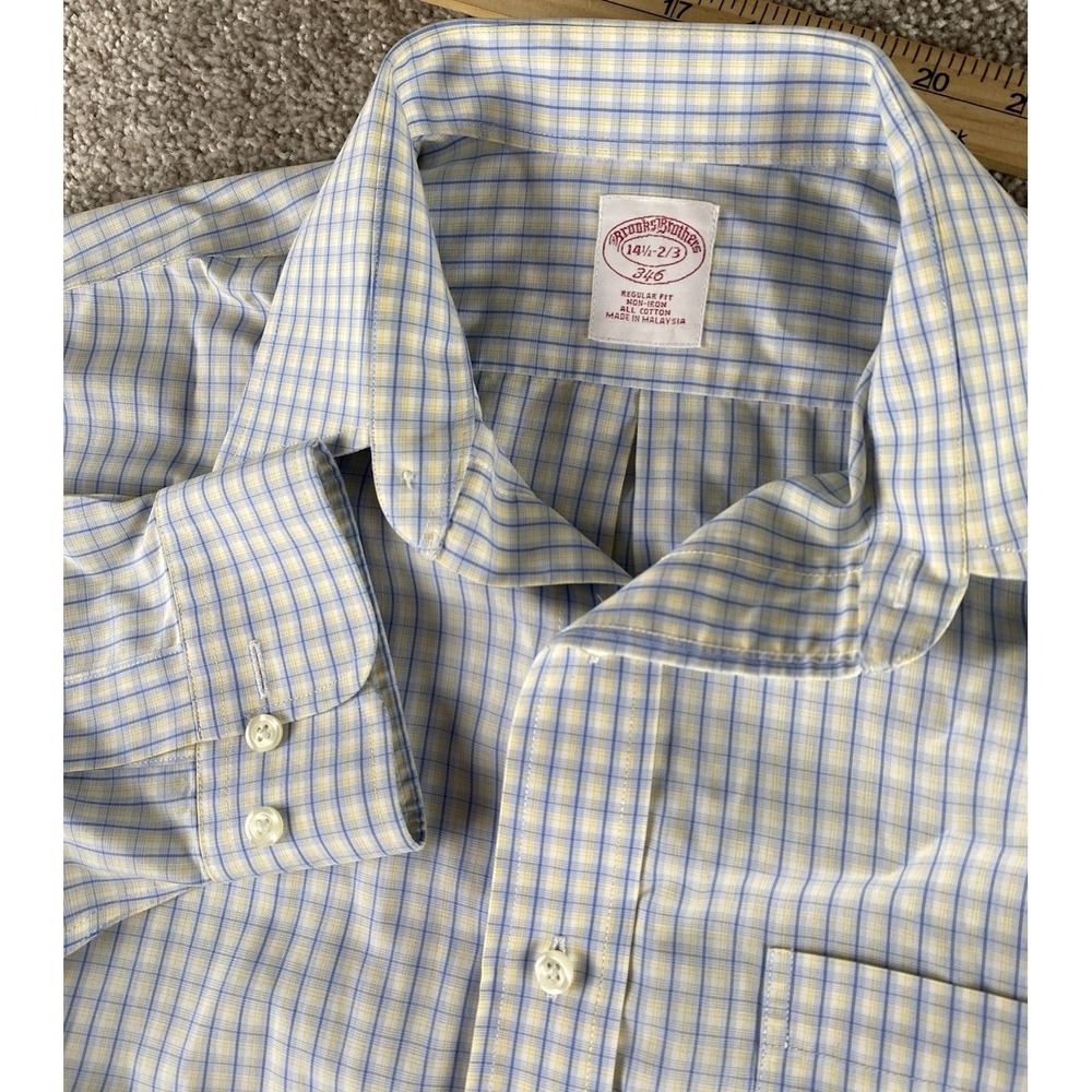 Brooks Brothers 14.5-32 Cotton Non Iron Dress Shirt Men S Prep Yellow/Blue Plaid